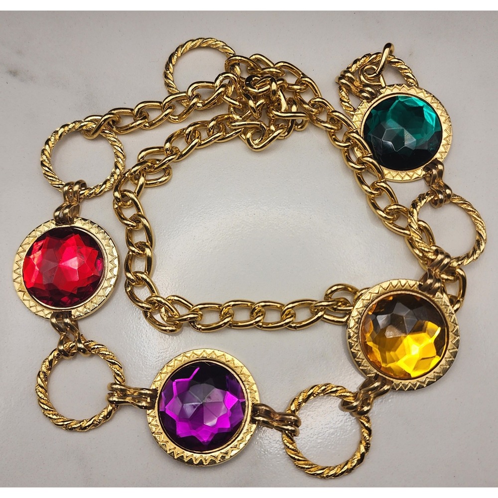 Vintage Gold Chain Belt Multi Color Jewel Tone Faceted Stones S / M